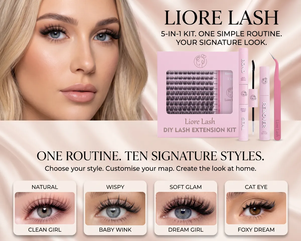 Liore Lash DIY lash extension kit with clusters, Bond & Seal, remover and tweezers