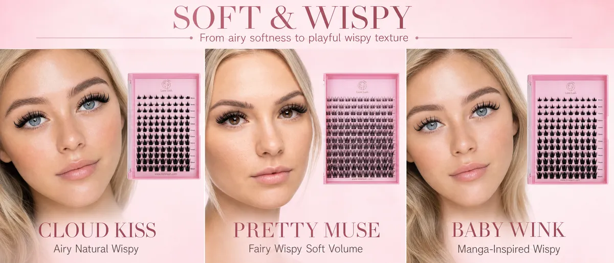 Cloud Kiss, Pretty Muse and Baby Wink wispy cluster lash styles