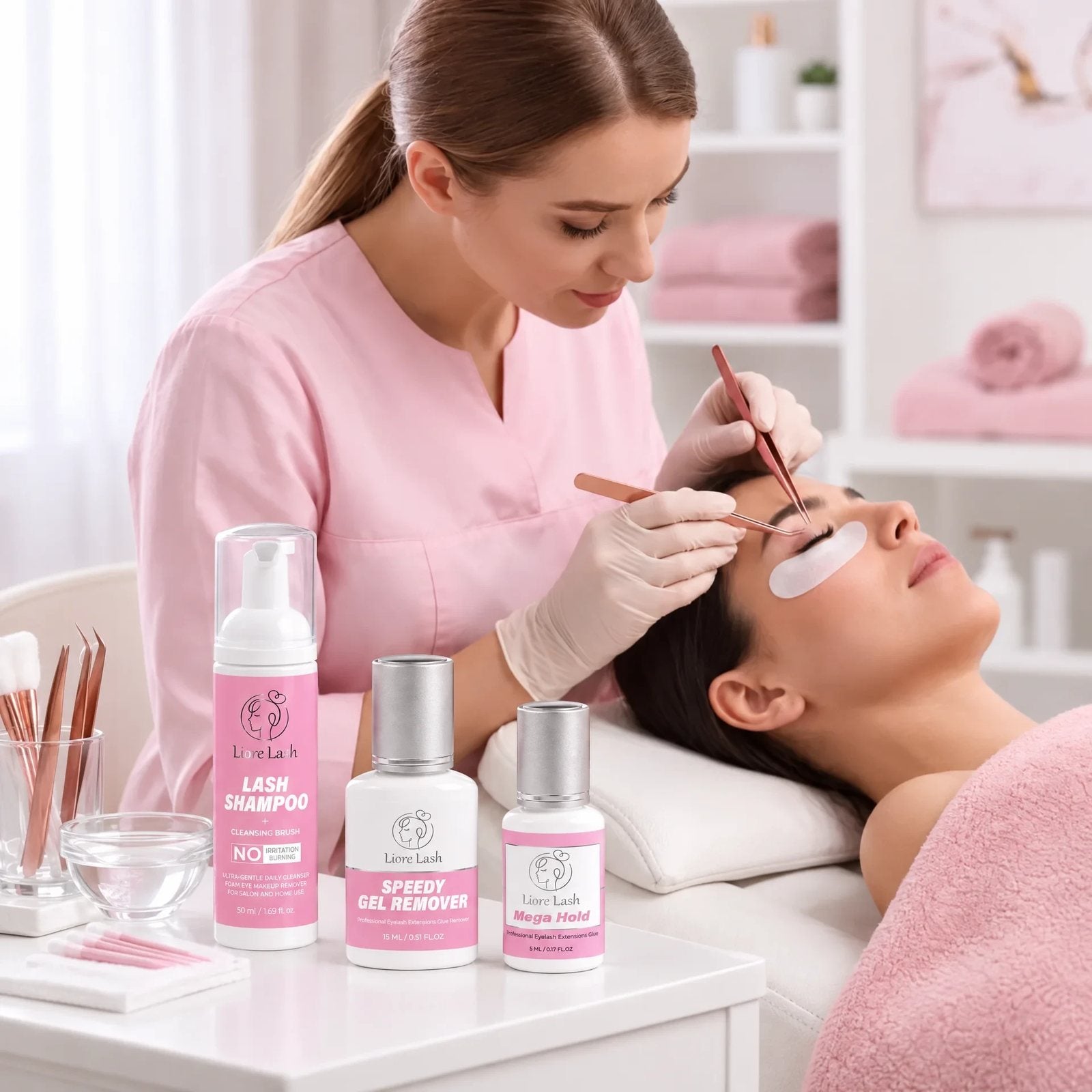 Lash Artist setzt Wimpernextensions im Studio, daneben Liore Lash Shampoo, Remover und Mega Hold Kleber